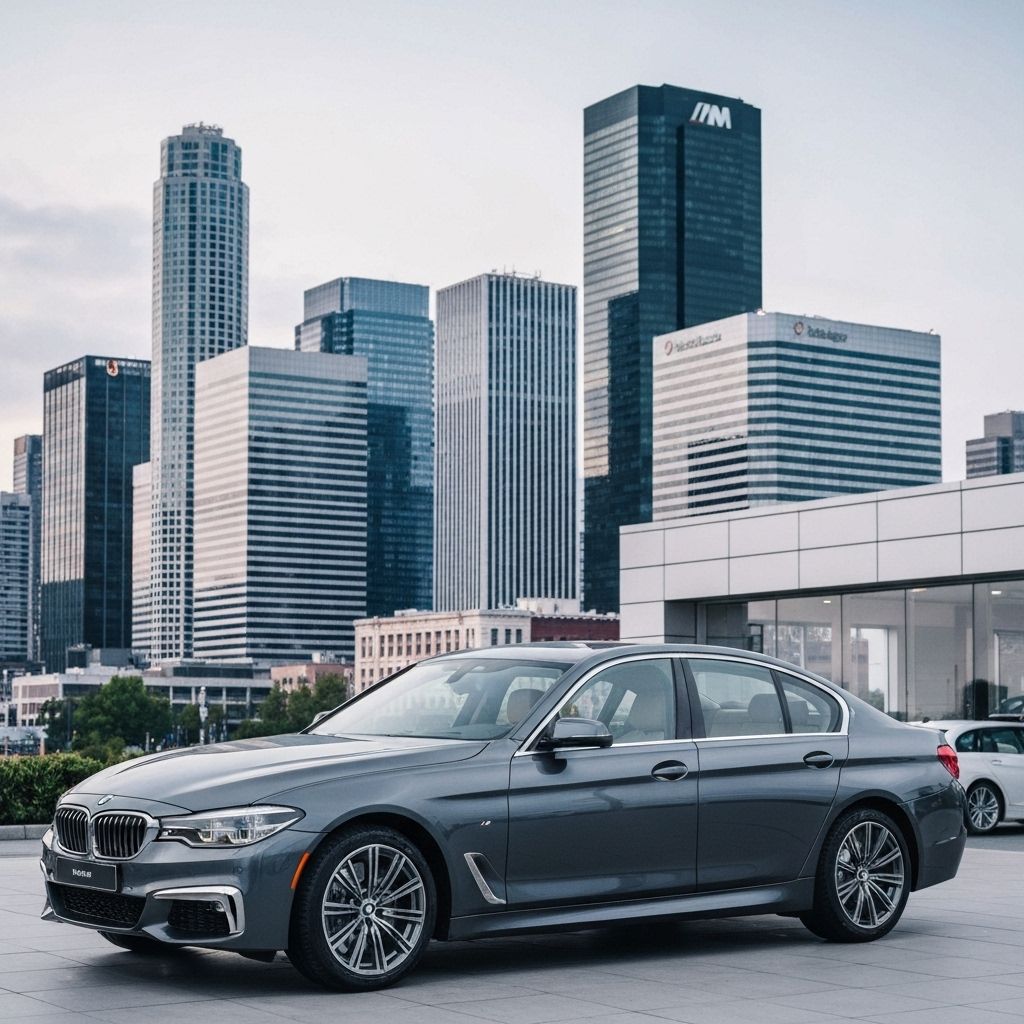 After: Same sedan with professional AI-powered branded city skyline background replacement